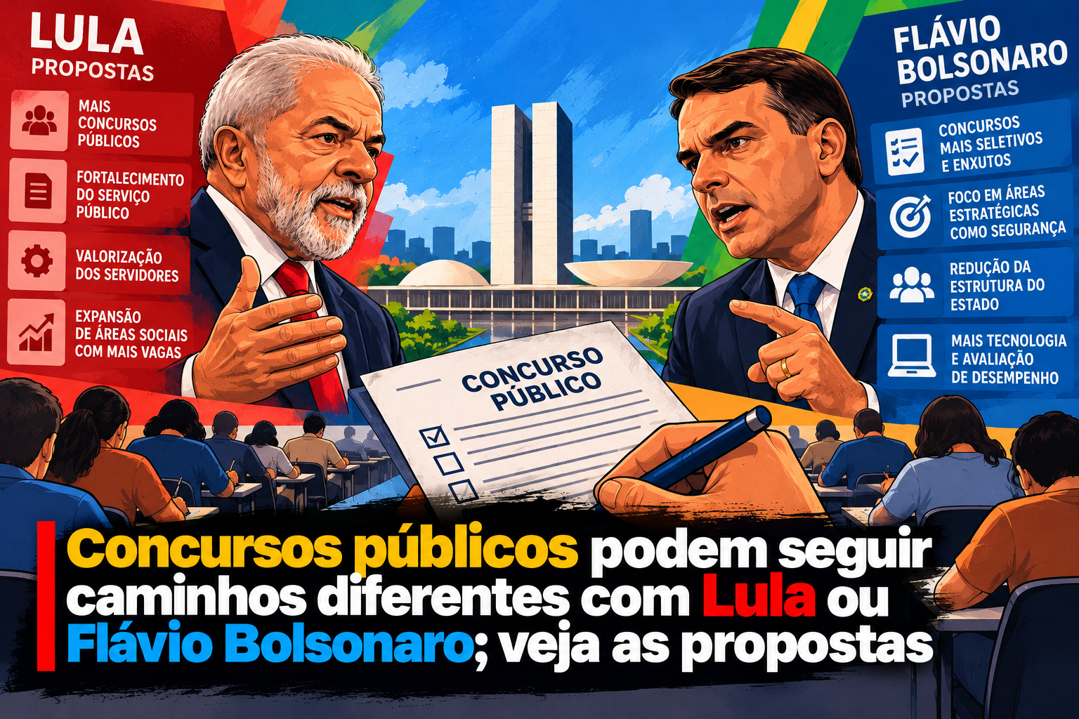 Concursos públicos podem seguir caminhos diferentes com Lula ou Flávio Bolsonaro; veja as propostas